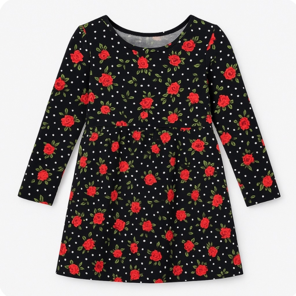 The Children's Place Black and Red Roses Long Sleeve Casual Sundress 2T